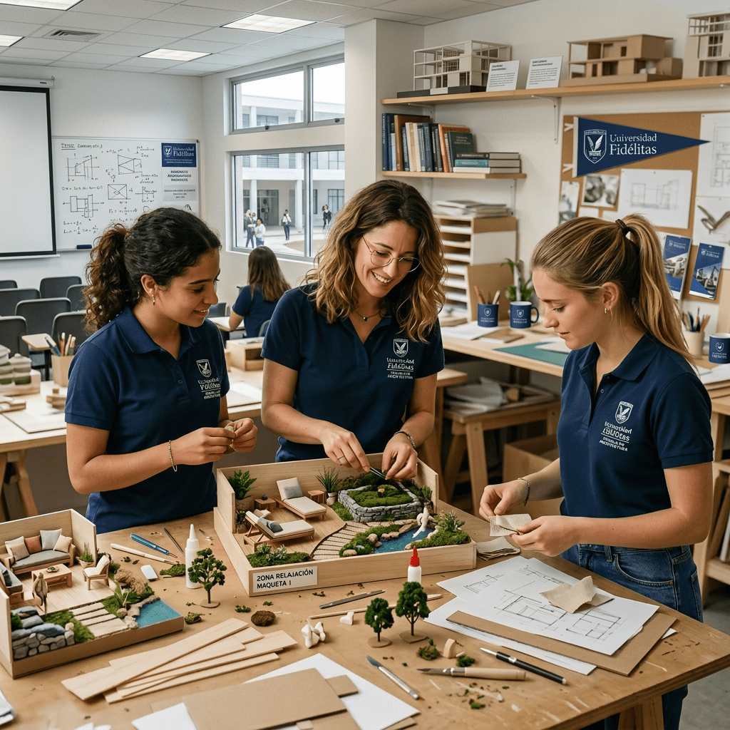 Three women working together on architectural models and design plans